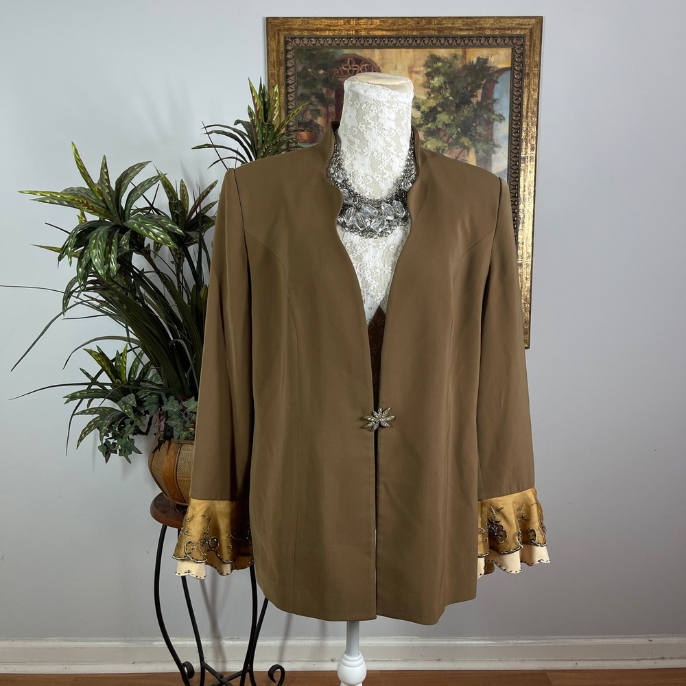 Moshita Couture Blazer Women 14 Brown Polyester Beaded Ruffle Cuff Rhinestone